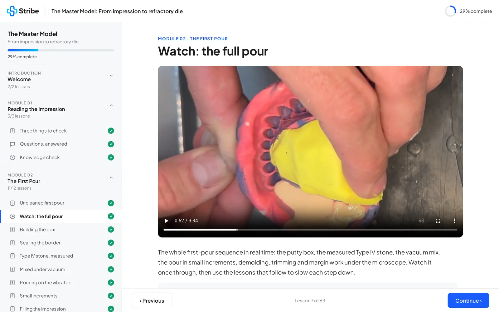 A video lesson in The Master Model course platform: the full first-pour video from the lab bench