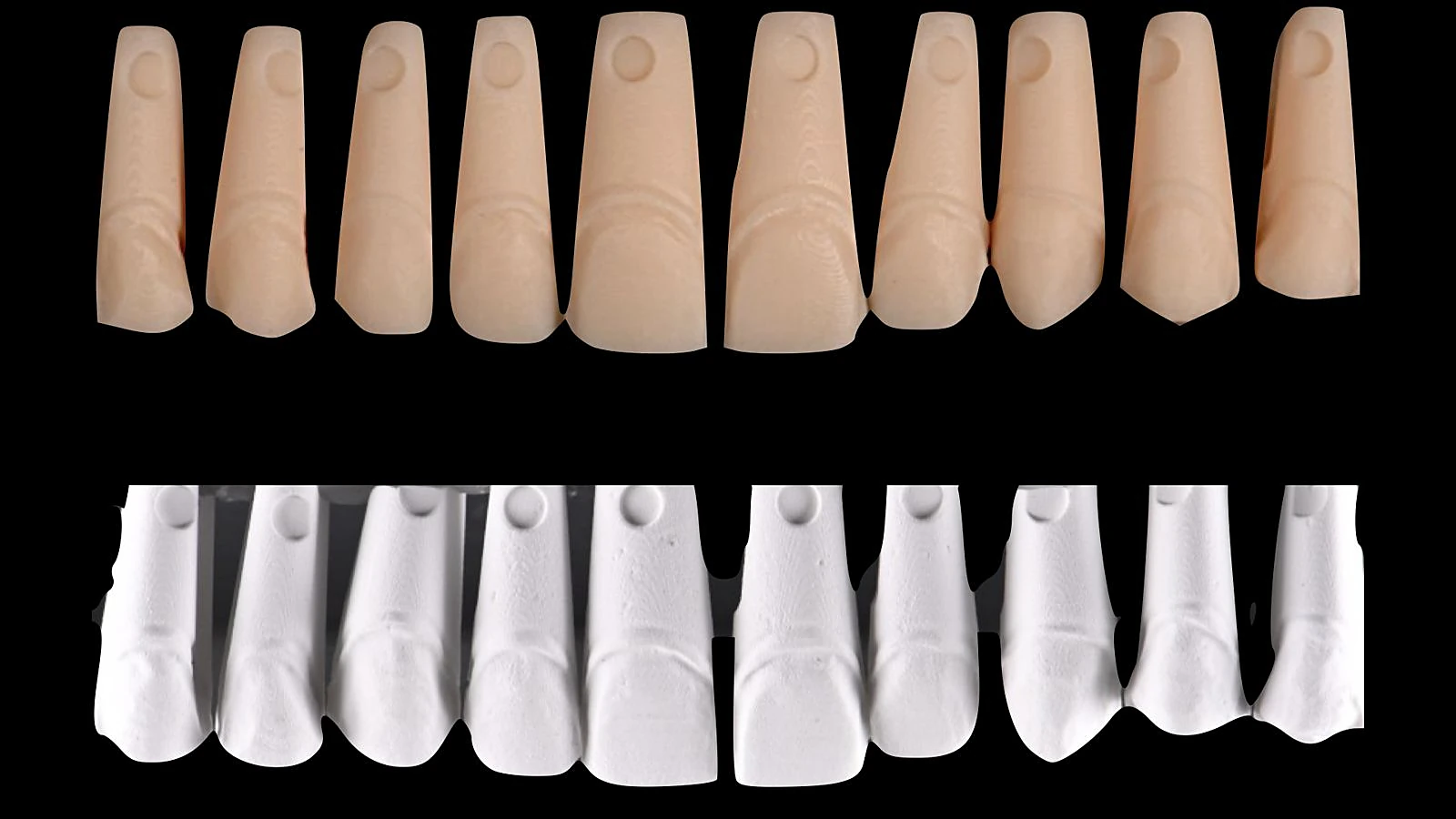 A row of 3D printed resin dies above the white refractory dies duplicated from them